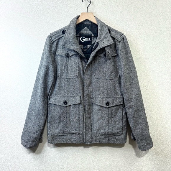 Gray Herringbone Wool Blend Field Jacket M - Picture 2 of 13